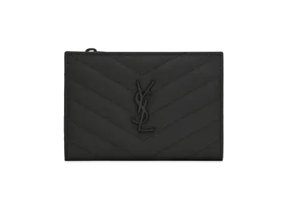 SAINT LAURENT Monogram Zippered Two-Part Wallet In Quilted Grained Leather "Black"