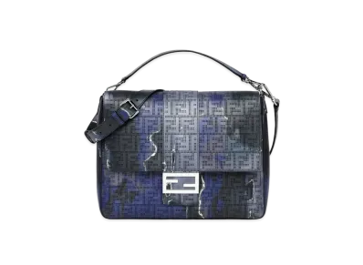 FENDI Baguette Messenger Bag Large Punching Leather Bag Blue & Sunset Motif "Black"