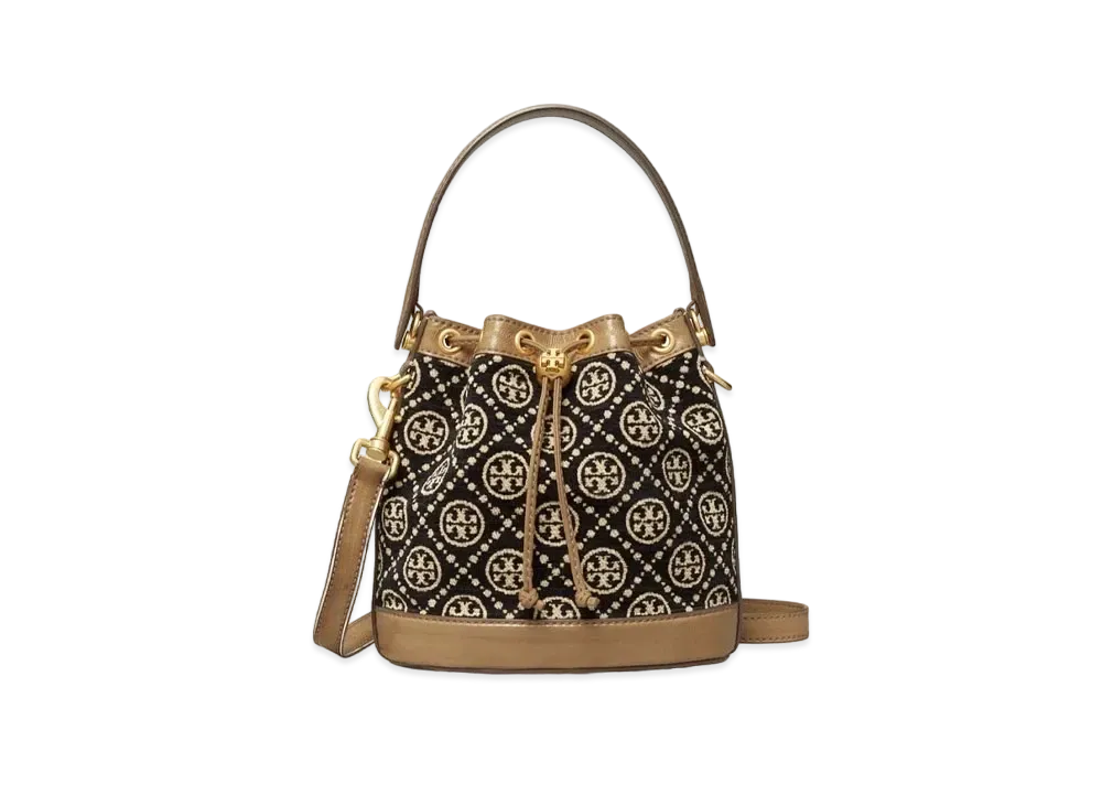 TORY BURCH T Monogram Chenille Bucket Bag "Black/New Cream"