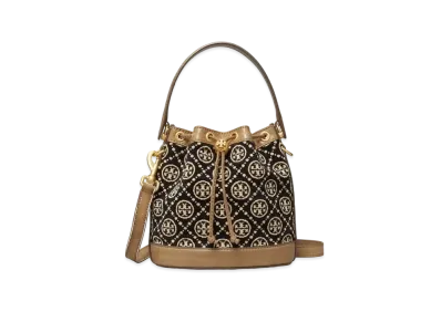 TORY BURCH T Monogram Chenille Bucket Bag "Black/New Cream"