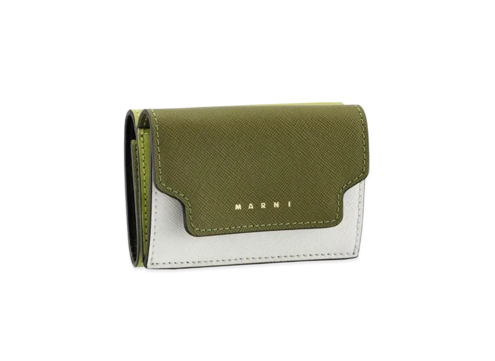 Marni Tone On Tone Green And White Tri-Fold Saffiano Leather Wallet "Olive/Lily White/Lyme"