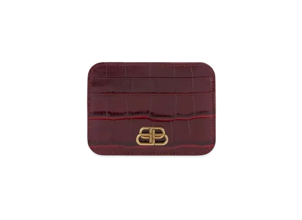BALENCIAGA BB Shiny Crocodile Embossed Card Holder "Deep Red"