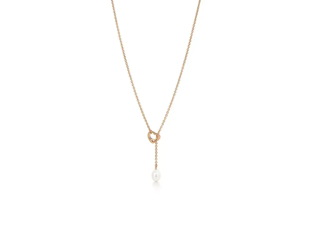 Tiffany & Co. Elsa Peretti Open Heart Lariat Fresh Water Pearl 18K "Rose Gold"