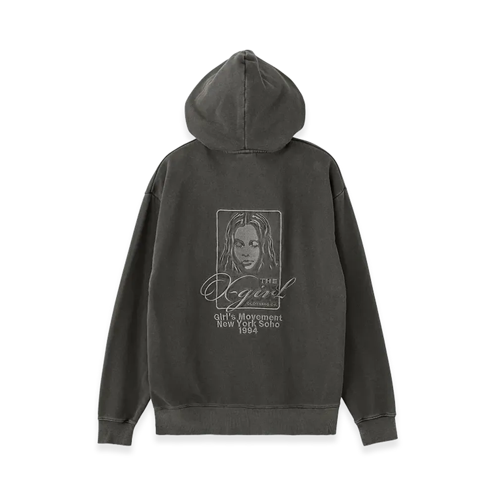 X-Girl Women's Pigment Dyed Face And Logo Square Patch Zip Up Sweat Hoodie "Black"
