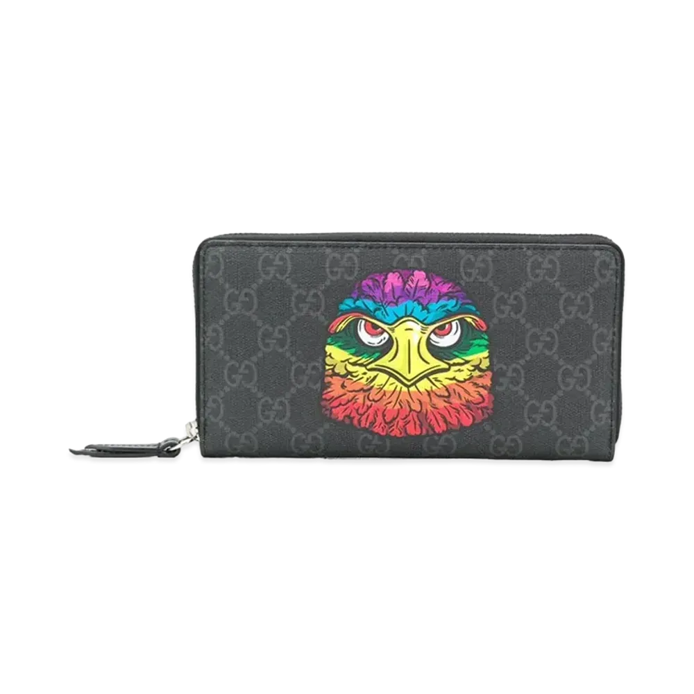 GUCCI Bestiary Eagle Print GG Supreme Zip Around Wallet "Black"