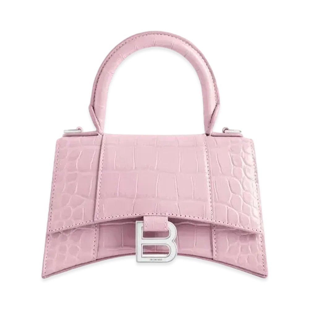 BALENCIAGA Hourglass XS Handbag In Shiny Crocodile Embossed Calfskin "Pink"