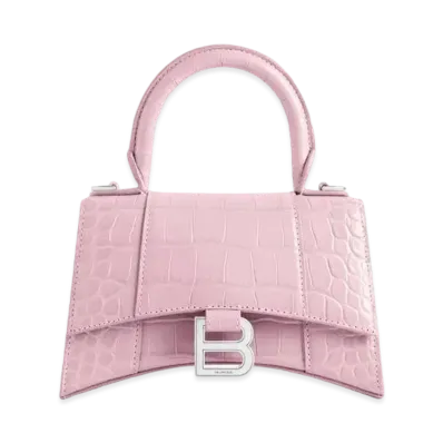 BALENCIAGA Hourglass XS Handbag In Shiny Crocodile Embossed Calfskin "Pink"