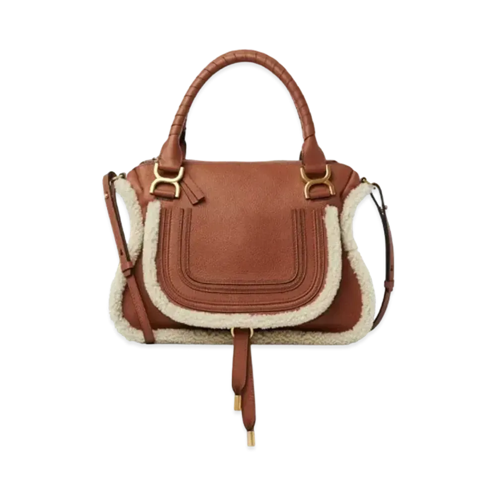 Chloe Marcie Leather Handbag In Grained Calfskin & Shearling "Tan"
