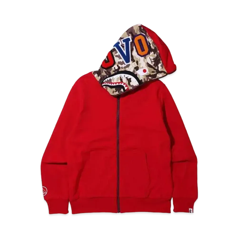 A BATHING APE X OVO WOODLAND CAMO SHARK REVERSIBLE FULL ZIP HOODIE "Red"