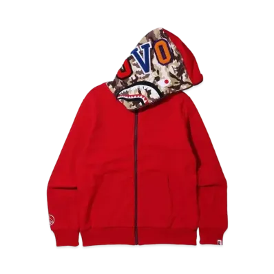 A BATHING APE X OVO WOODLAND CAMO SHARK REVERSIBLE FULL ZIP HOODIE "Red"