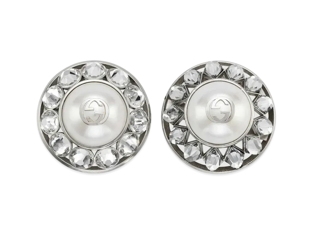 GUCCI Interlocking G Pearl & Crystal Earrings "Silver "