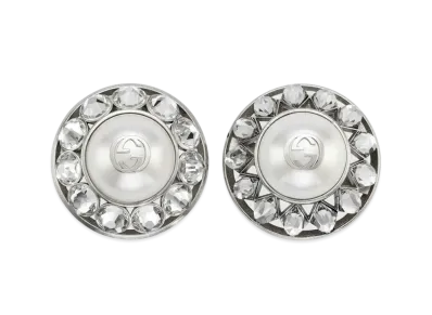 GUCCI Interlocking G Pearl & Crystal Earrings "Silver "
