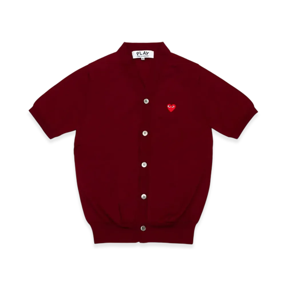 PLAY COMME des GARCONS V-Neck Short Sleeve Cardigan With Red Medium Emblem "Burgundy"