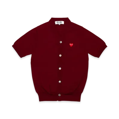 PLAY COMME des GARCONS V-Neck Short Sleeve Cardigan With Red Medium Emblem "Burgundy"