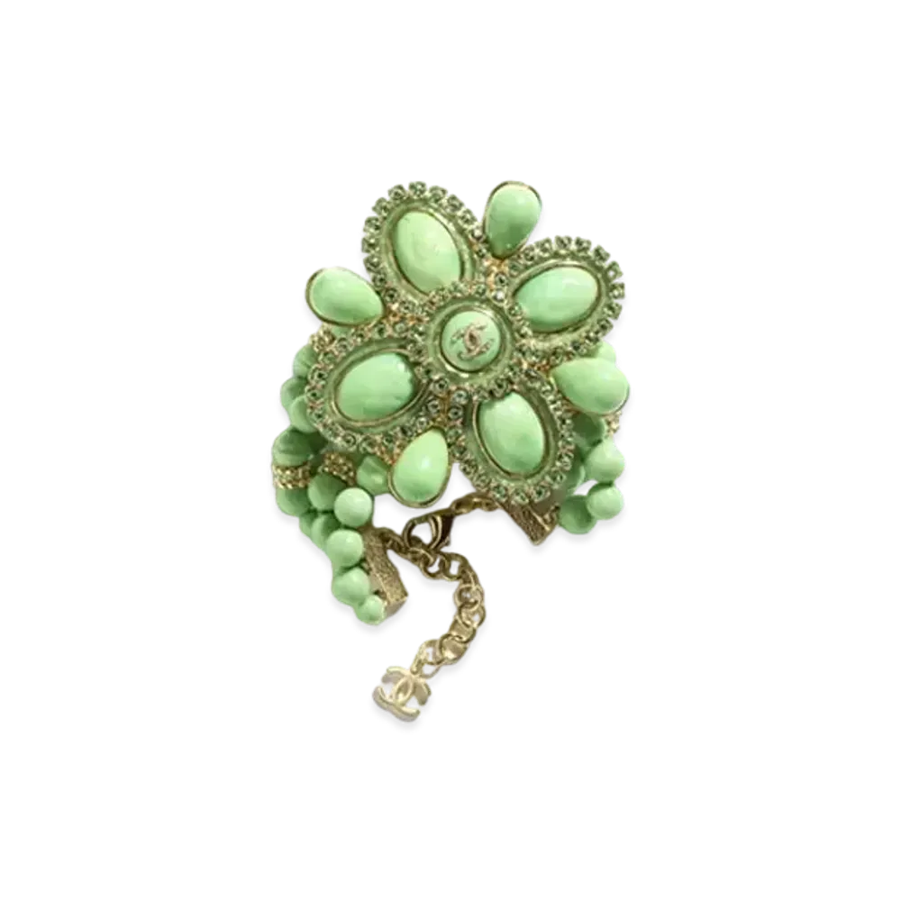 CHANEL Bracelet Metal, Resin, Glass Pearls & Strass "Gold/Green/Crystal"