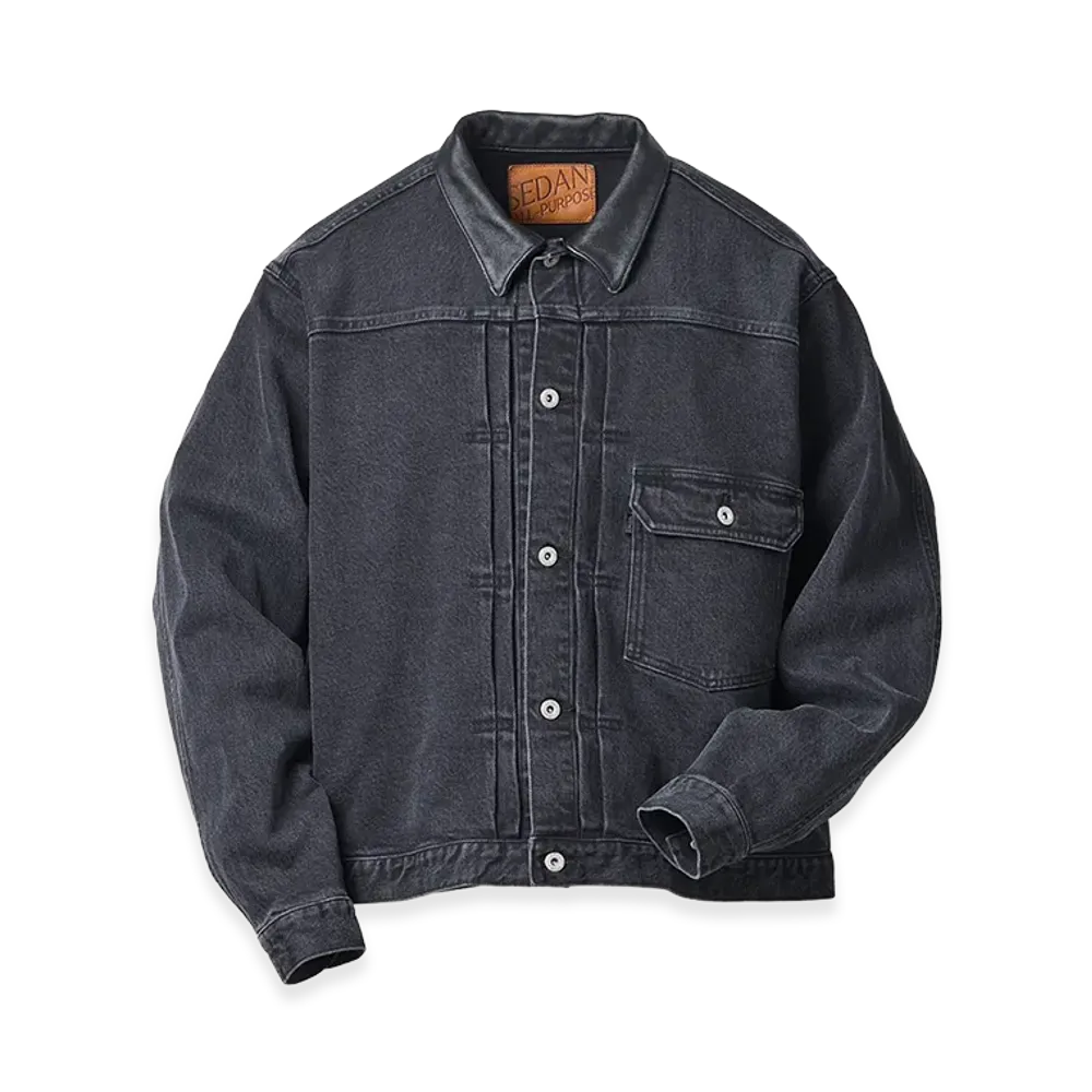 SEDAN ALL-PURPOSE Leather Collar Denim Jacket "Black"