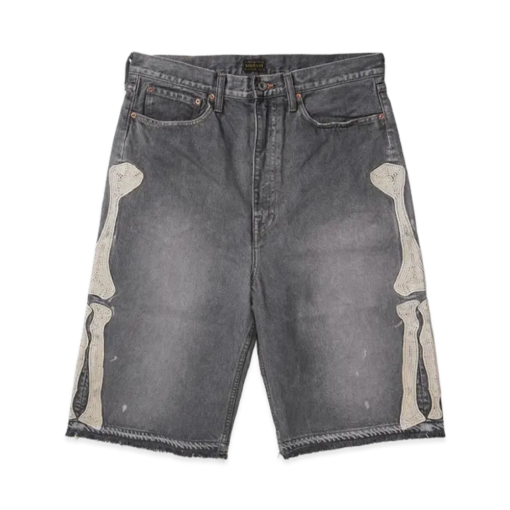 KAPITAL 14OZ Black DENIM 5P SHORT PANTS (BOUND EMBROIDERY) "Black"