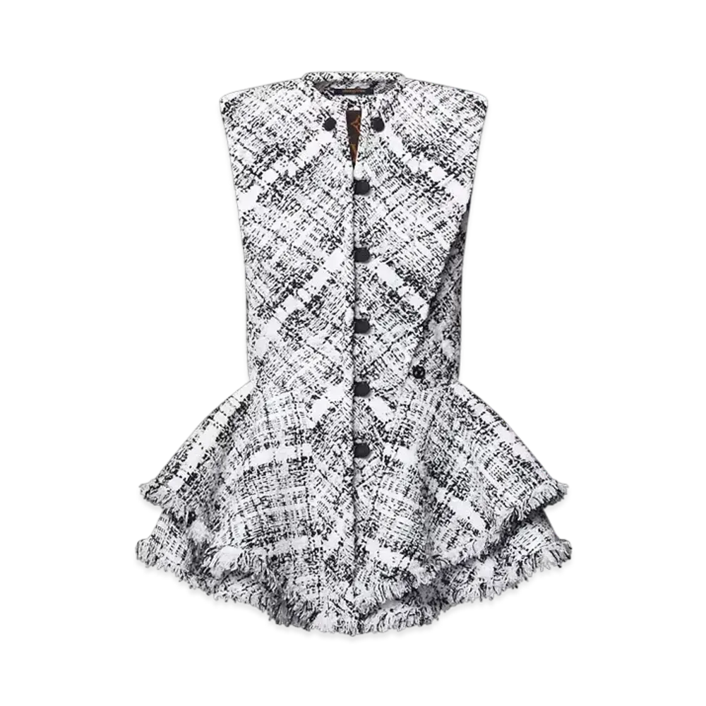 Louis Vuitton Women's Sleeveless Graphic Tweed Flounce Jacket "Noir Blanc"