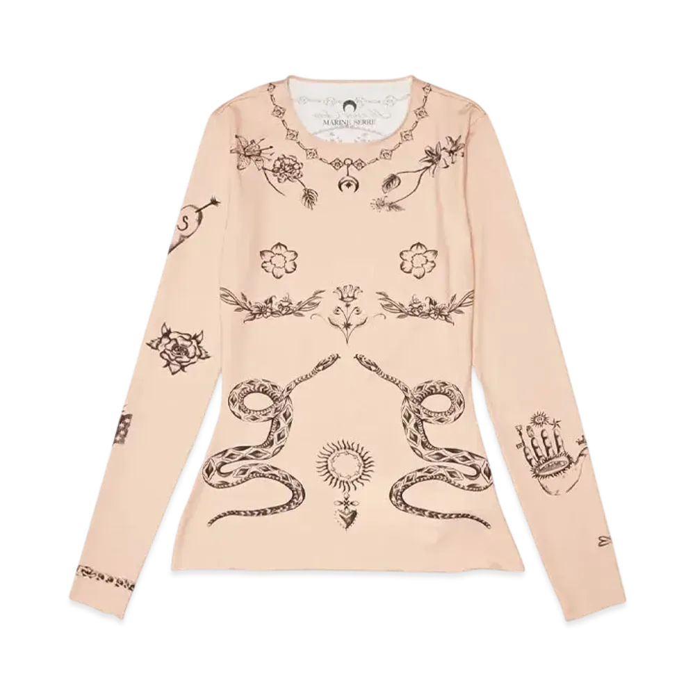 Marine serre TATTOO PRINTED JERSEY SECOND SKIN CREWNECK TOP "LIGHT TAN"