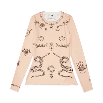 Marine serre TATTOO PRINTED JERSEY SECOND SKIN CREWNECK TOP "LIGHT TAN"