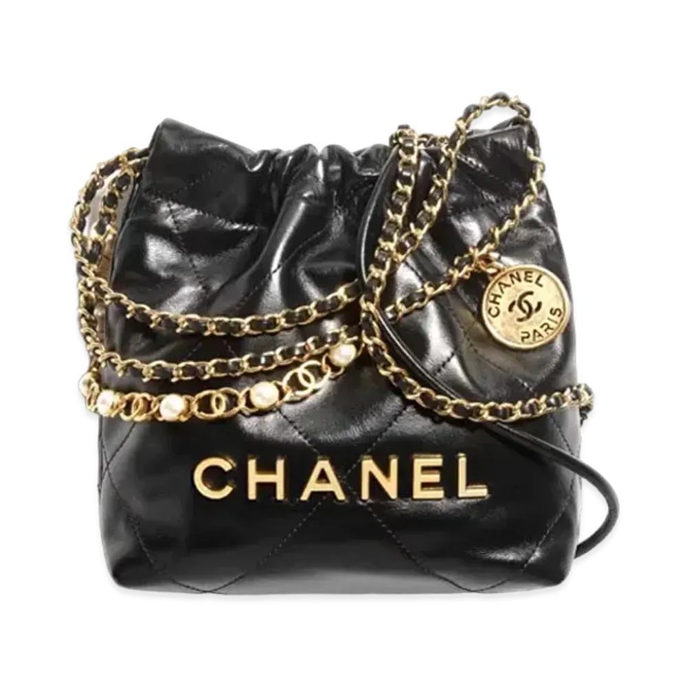 CHANEL 22 Mini Handbag Shiny Calfskin, Imitation Pearls & Gold-Tone Metal "Black"