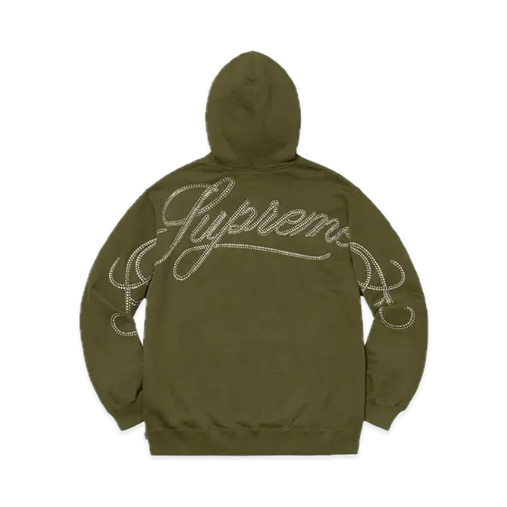 Supreme Rhinestone Script Hooded Sweatshirt "Dark Olive"