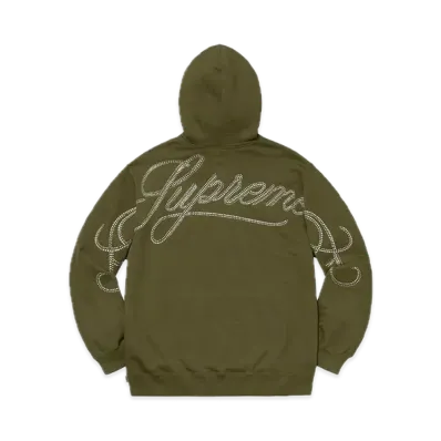 Supreme Rhinestone Script Hooded Sweatshirt "Dark Olive"