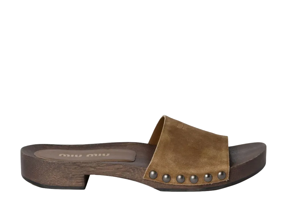 MIU MIU Women's Suede Wood Clog Sandals "Cacao"