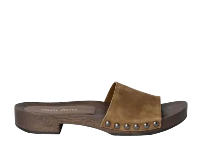 MIU MIU Women's Suede Wood Clog Sandals "Cacao"
