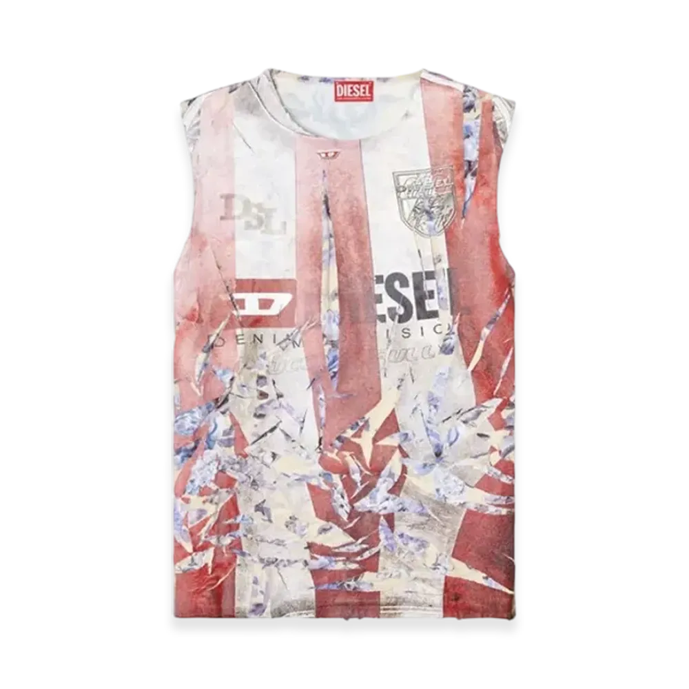 Diesel T-Per-Stripe Floral Tank Top With Cracked Logo Print "Red White"