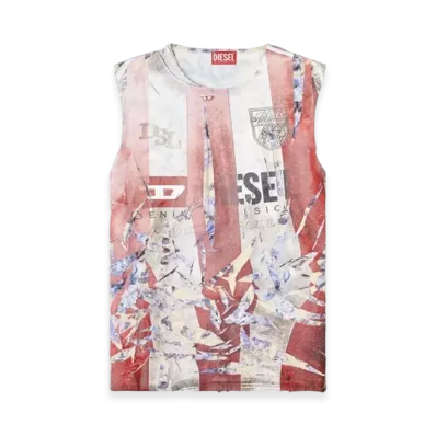 Diesel T-Per-Stripe Floral Tank Top With Cracked Logo Print "Red White"
