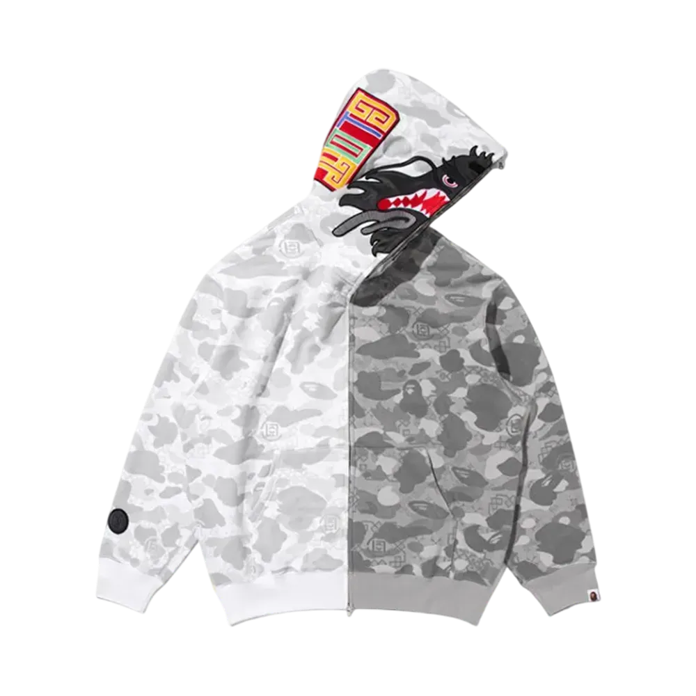 A BATHING APE x CLOT Camo Split Relaxed Fit Shark Full Zip Hoodie "Gray"