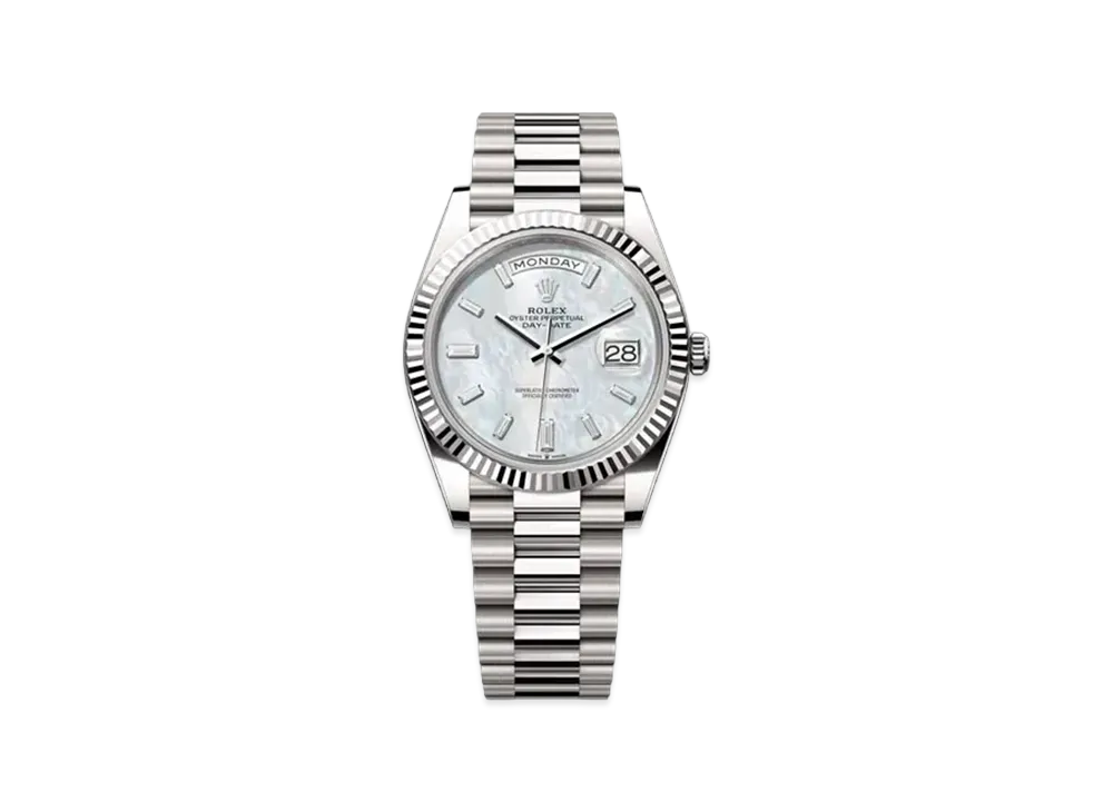 ROLEX Day-Date 40mm Oyster Perpetual 10 Baguette-Cut Diamonds "White Gold/White Mother of Pearl" 228239