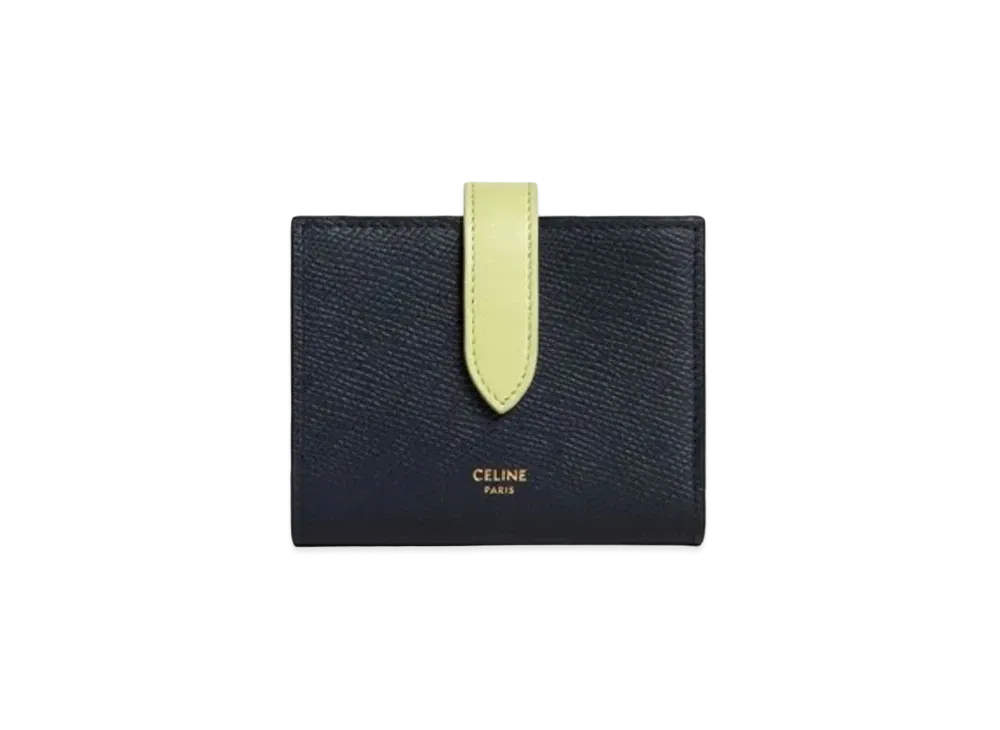 CELINE Small Strap Wallet In Bicolour Grained Calfskin "Dark Navy/Light Jade"