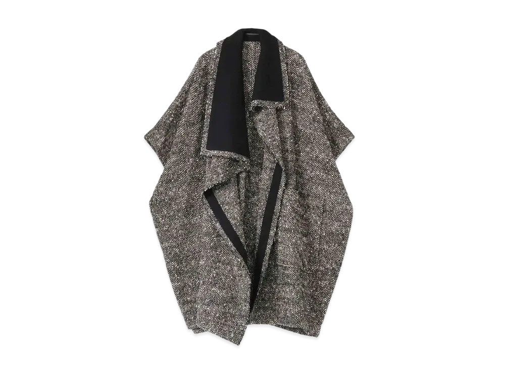 Yohji Yamamoto Y's WOOL SLUB YARN HERRINGBONE ASYMME CAPE "White/Black"
