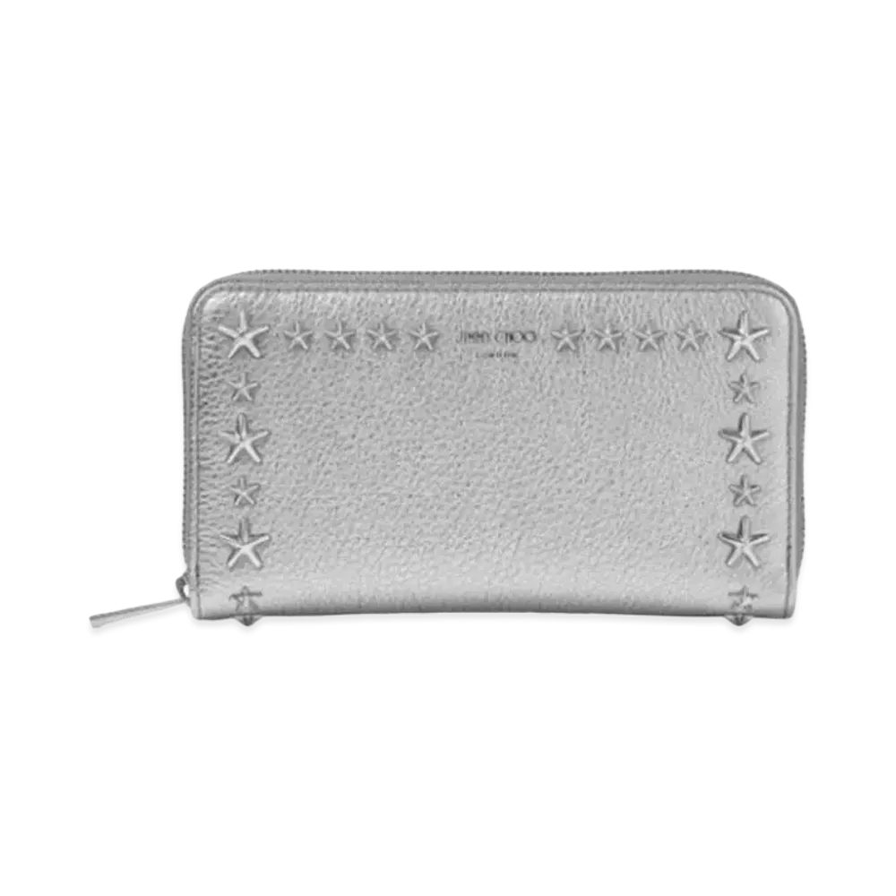 Jimmy Choo Pippa Metaric Soft Grainy Calf Leather Zipped Around Wallet With Stars Studs "Gunmetal"