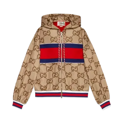 GUCCI Women's Tiger Jumbo GG Hooded Jersey Jacket "Camel"