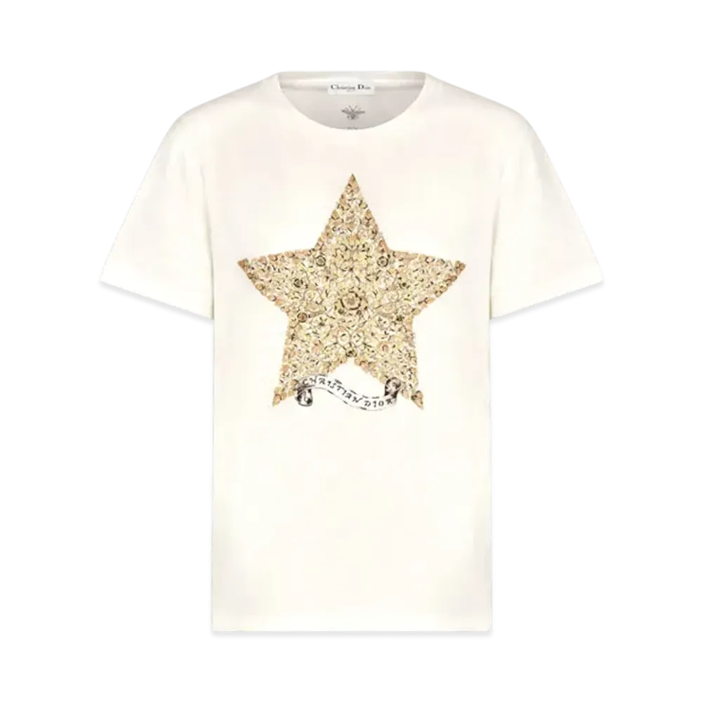 Dior Embroidered T-Shirt Cotton and Linen Jersey with Dior Around the World Motif "White/Gold"