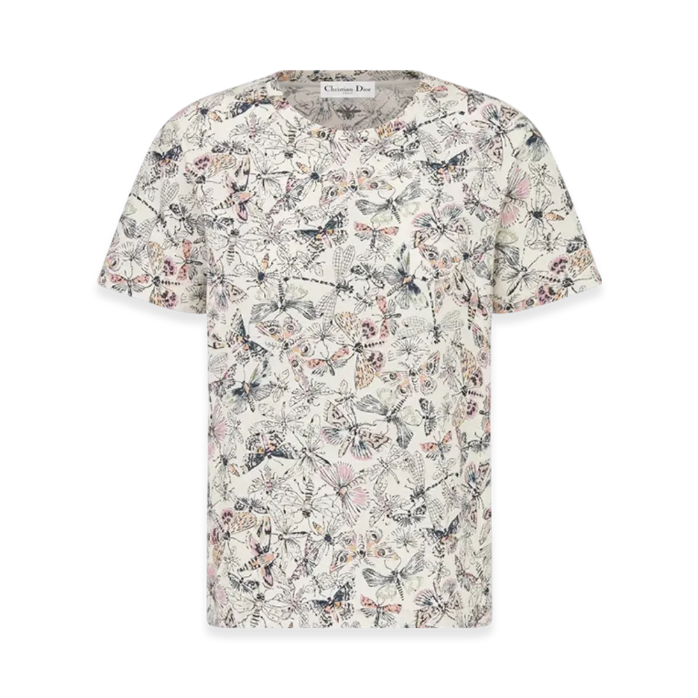 Dior Women's Cotton and Linen Jersey with Libellule Camouflage Motif T-Shirt "White"