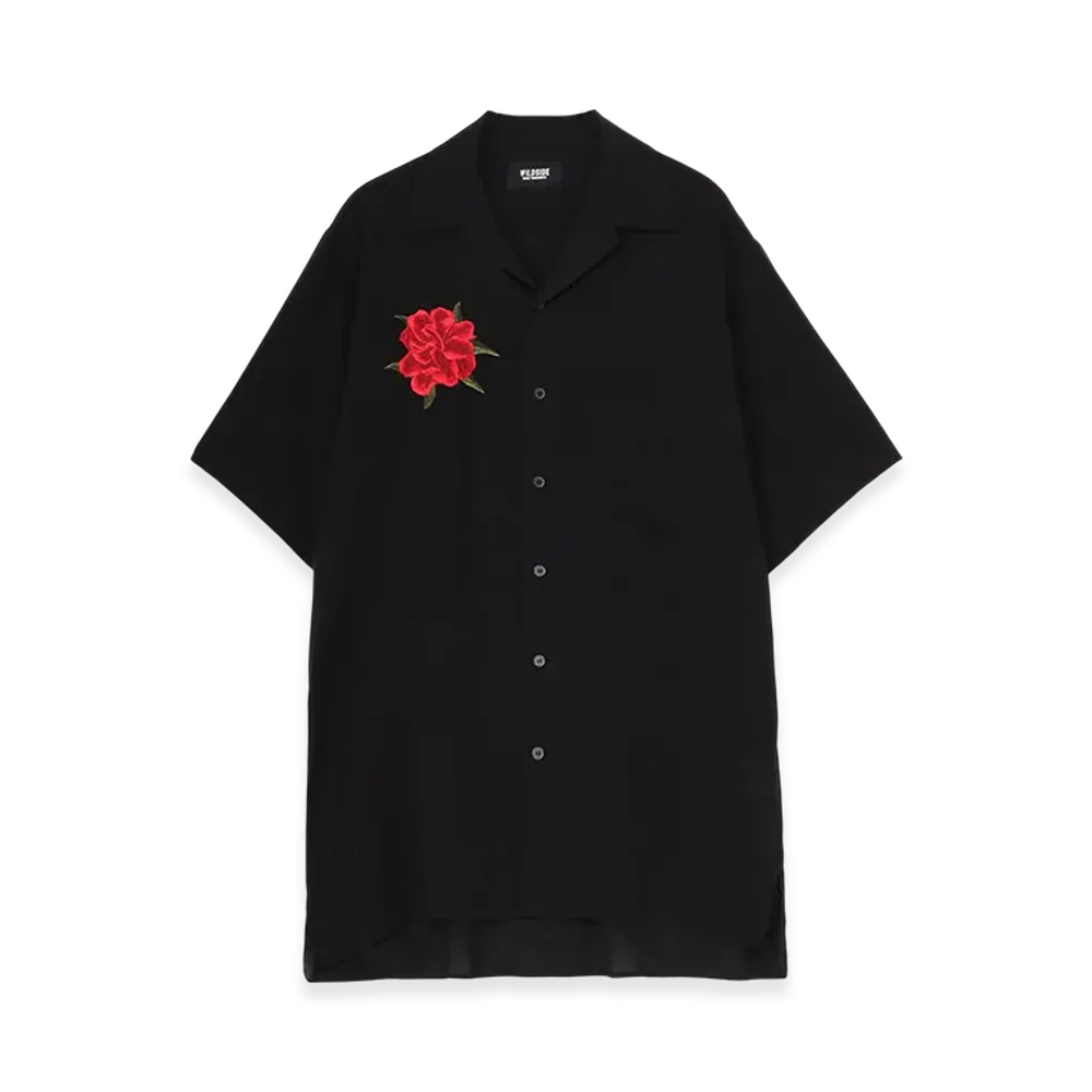 WILDSIDE Yohji Yamamoto Camellia Embroidery Short Sleeve Shirt "Black"