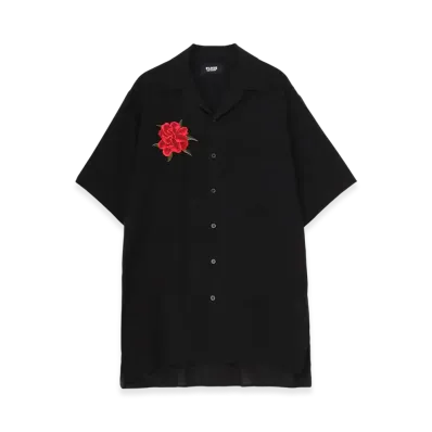 WILDSIDE Yohji Yamamoto Camellia Embroidery Short Sleeve Shirt "Black"