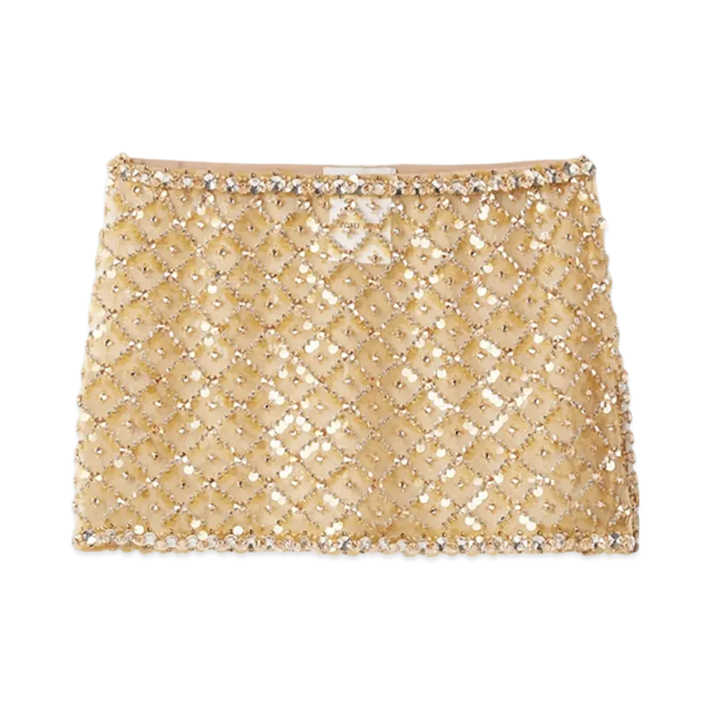 MIU MIU Women's Embroidered Organza Miniskirt "Sand Beige"