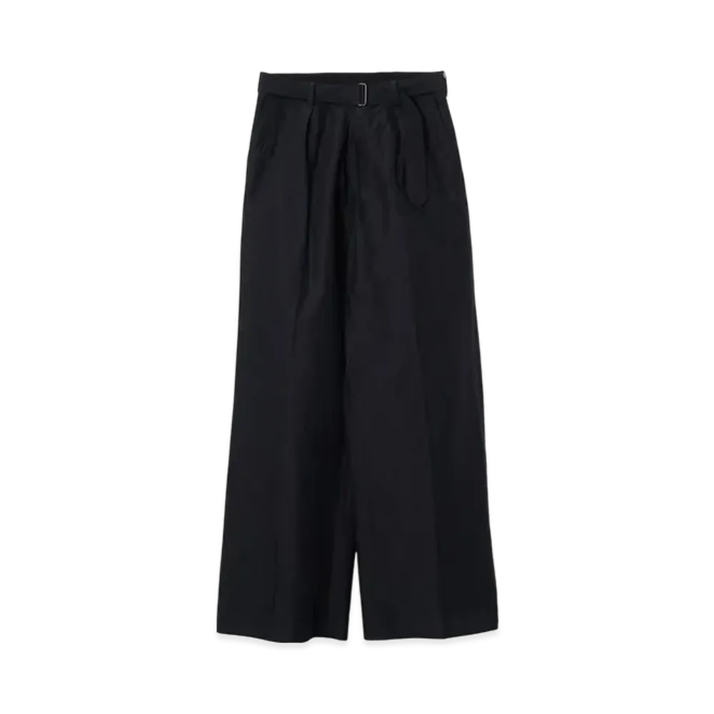 YOKE Acetate Linen Cotton Dungaree Washer Front Tuck Belted Wide-Leg Trousers "Black"