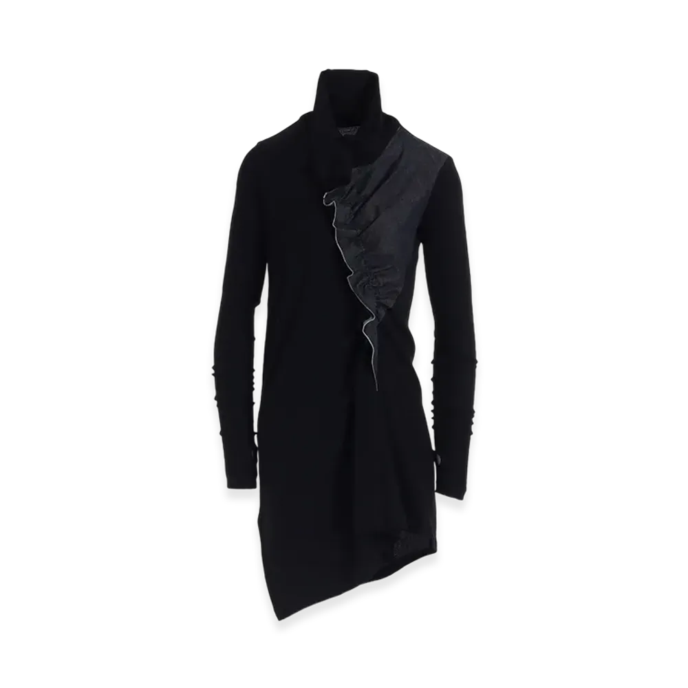Y's Rib/Denim Combination Long T With Gathers "Indigo"
