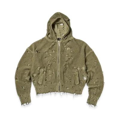 THUG CLUB TC Destroyed Knit Zip-Up Hoodie "Beige"