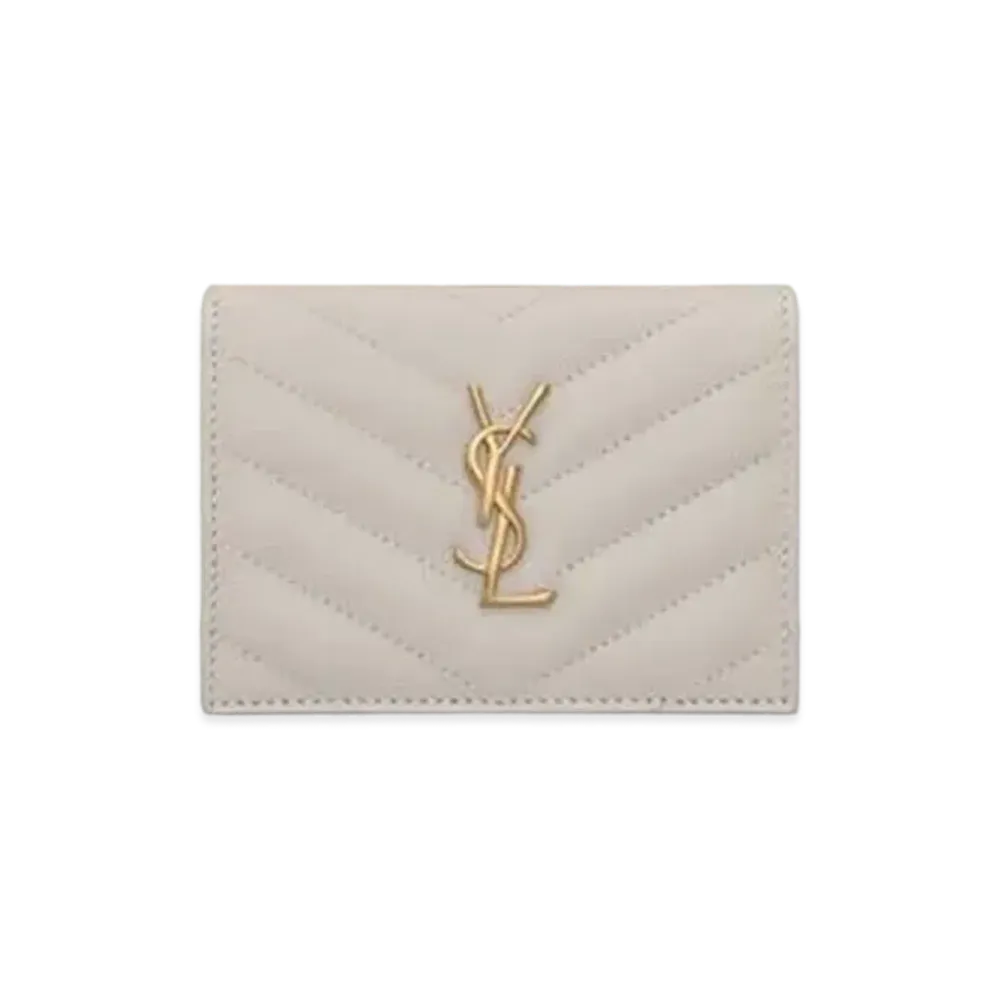 Saint Laurent Monogram Card Case In Grain De Poudre Embossed Leather "Vintage White"