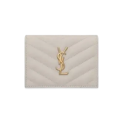 Saint Laurent Monogram Card Case In Grain De Poudre Embossed Leather "Vintage White"
