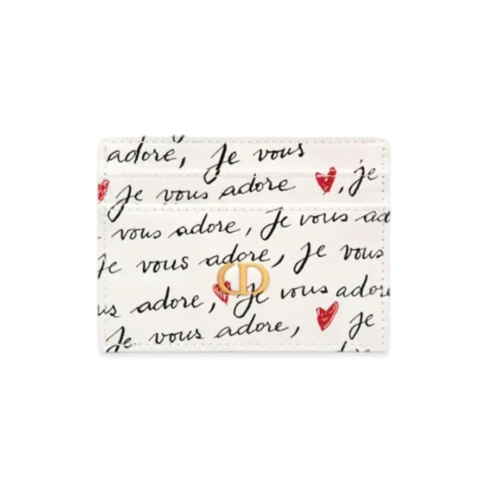 Dior Dioramour Dior Caro Freesia Card Holder Calfskin with Je Vous Adore Print "White/Black/Red"