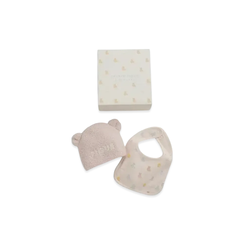 GELATO PIQUE Baby Bear Knit Cap & Bib 2 Piece Set Gift Box "Pink"
