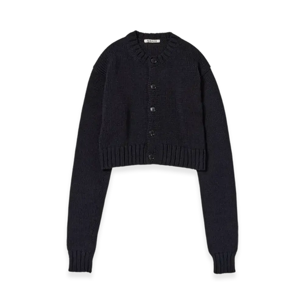 AURALEE Cotton LilyYarn Knit Crewneck Short Cardigan "Dark Navy"